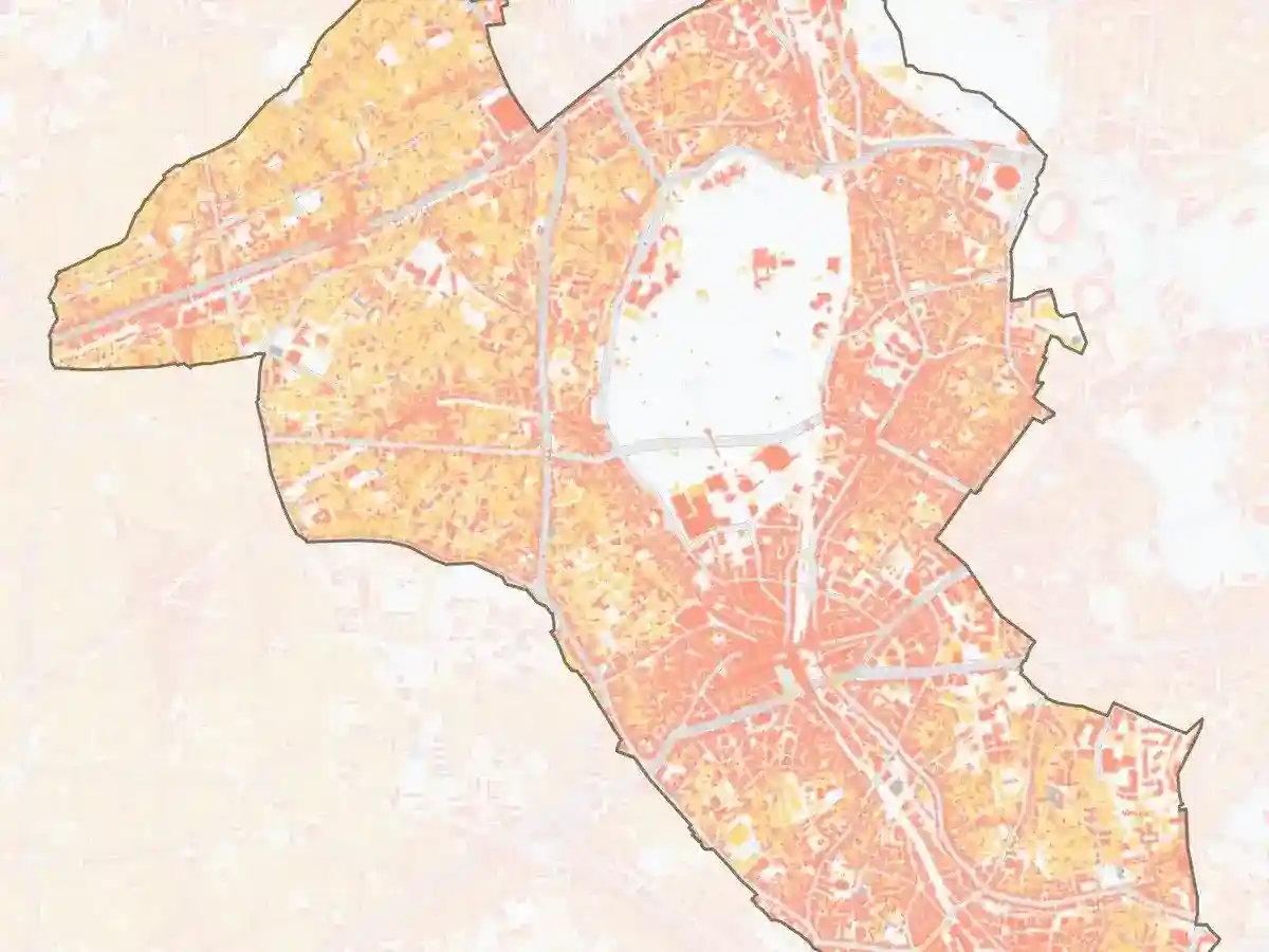 Photo aérienne d'un quartier avec des arbres et libellés d'informations sur le couvert forestier, le potentiel d'énergie solaire sur les toitures, la qualité de l'air, les émissions des transports et celles des bâtiments.