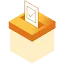 3D isometric illustration of a yellow and orange ballot box with a white ballot being inserted, featuring a checkmark to symbolize the impact of the 2024 election on AI governance.