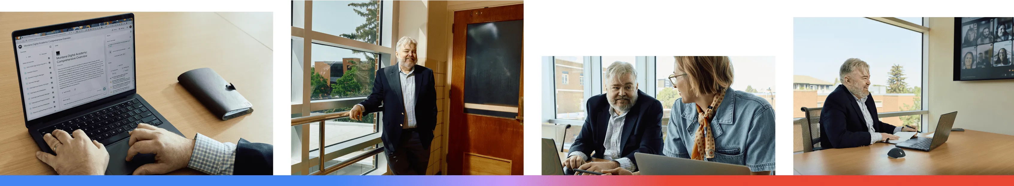 A composite of four images featuring the Montana Digital Academy, showing the use of Google’s NotebookLM to organize educational resources, a portrait of Executive Director Jason Neiffer, staff collaborating on digital curriculum, and a remote meeting highlighting the academy's statewide reach in bridging Montana’s educational distances.