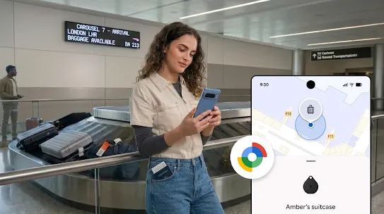 A woman using an Android device to track her luggage at an airport.