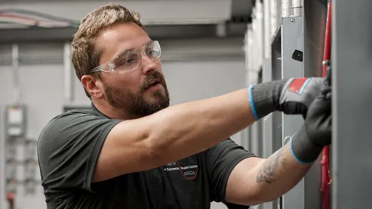 A man with a beard, wearing clear safety glasses, gray work gloves, and a dark short-sleeved polo shirt, works on electrical wiring or panels in an industrial setting.