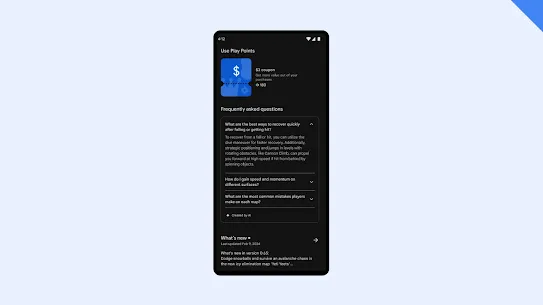 A game detail page displays an AI-generated list of frequently asked questions about the game