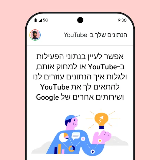 מסך סמארטפון שפתוח בו עדכון לגבי "הנתונים שלך ב-YouTube", כולל פרטים על עיון ומחיקה של היסטוריית הפעילות.