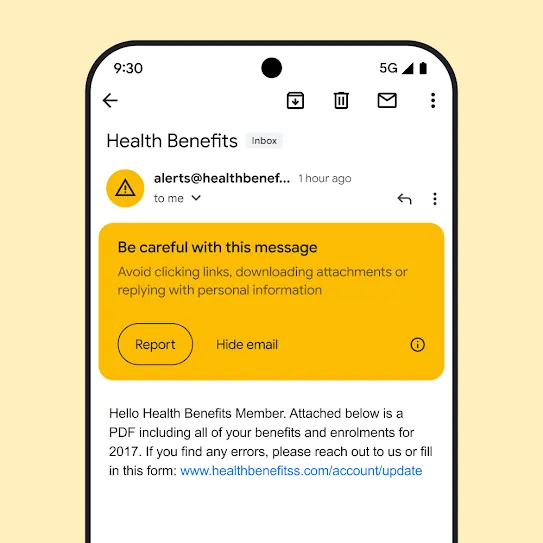 Visual of an email in Gmail on a smartphone screen, showing a security alert for a potential phishing attempt.
