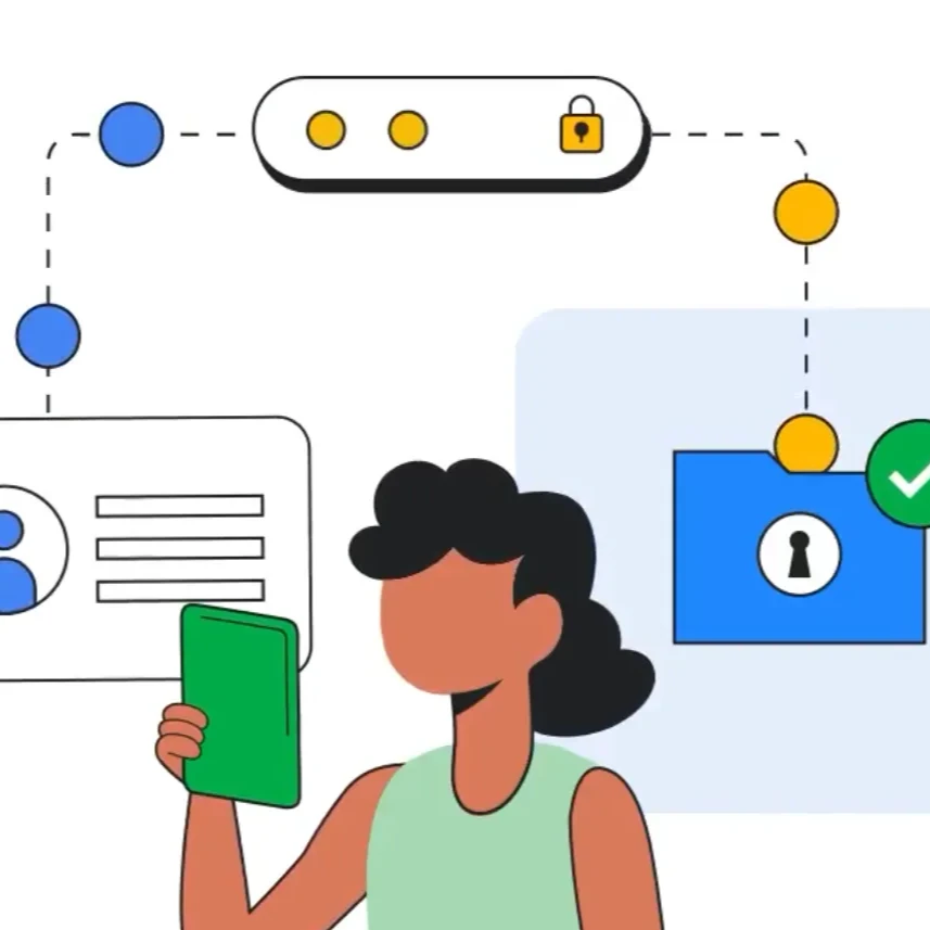 Image of someone looking at a screen with safety symbols floating around.