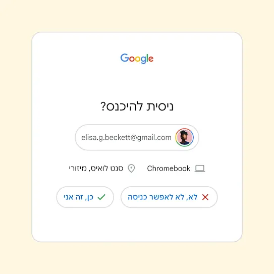 ממשק של אימות דו-שלבי עם השאלה "מנסה להיכנס?" ולחצנים "לא, לא לאפשר כניסה" ו"כן, זה אני".