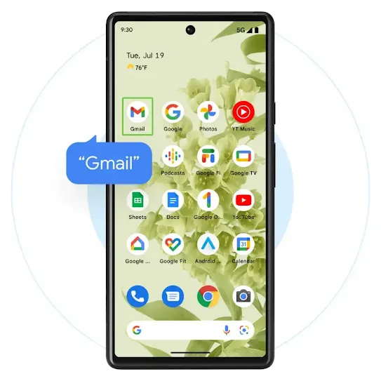 Android home screen with multiple icons visible. One icon is highlighted with a blue square and reads out "Gmail" with a blue speech bubble.