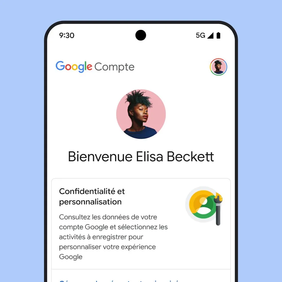 Image de l'interface utilisateur de Mon compte Google, avec un message sur la confidentialité et la personnalisation, et un lien permettant de gérer vos données et votre confidentialité.