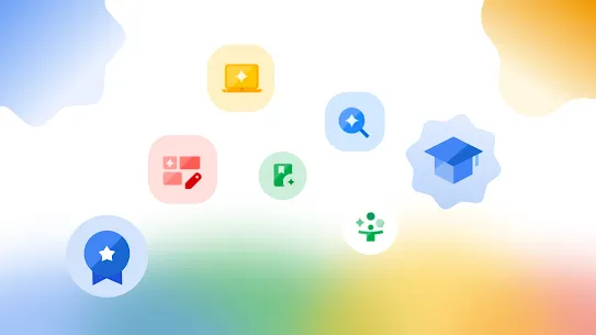 Badges in blue, red, orange, green with gradients representing Google AI Educator Series