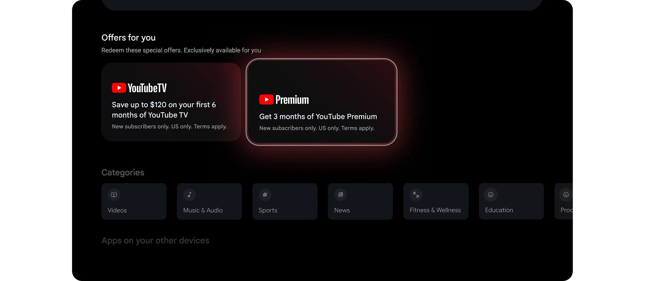 Google TV interface displaying 'Offers for you' promotion cards, with the YouTube Premium card highlighted. The row sits above content categories including Videos, Music, and Sports.