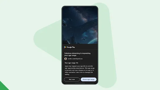 A phone screen shows the user experience when a Google Play app asks an adult user to share their age range 