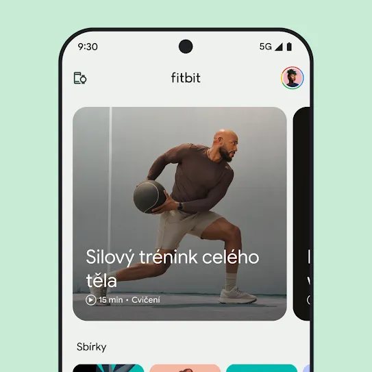 Vizualizace obrazovky chytrého telefonu s otevřenou aplikací Fitbit zobrazující cvičení na posílení celého těla.