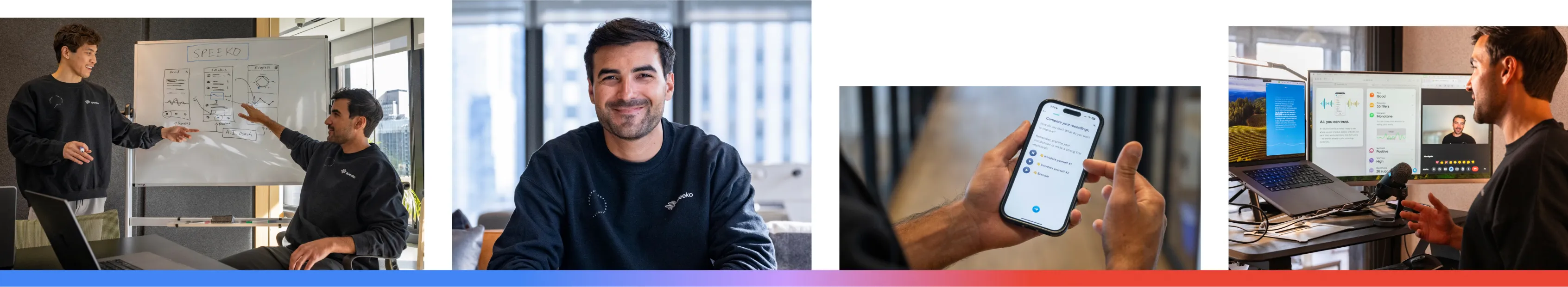 A four-part collage featuring the Speeko team in Chicago. It shows two founders working together at a laptop, a portrait of a co-founder in a modern office, a team member using the Speeko mobile app, and the founders collaborating in a bright, shared workspace.