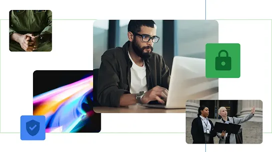 A digital collage featuring a man working on a laptop, a close-up of a person in military flight gear, two professional women in discussion outdoors, and abstract light trails. Green and blue security shield and padlock icons are layered throughout the composition.