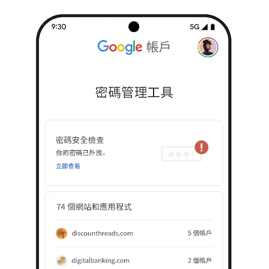 手機圖片，顯示密碼安全檢查 UI。