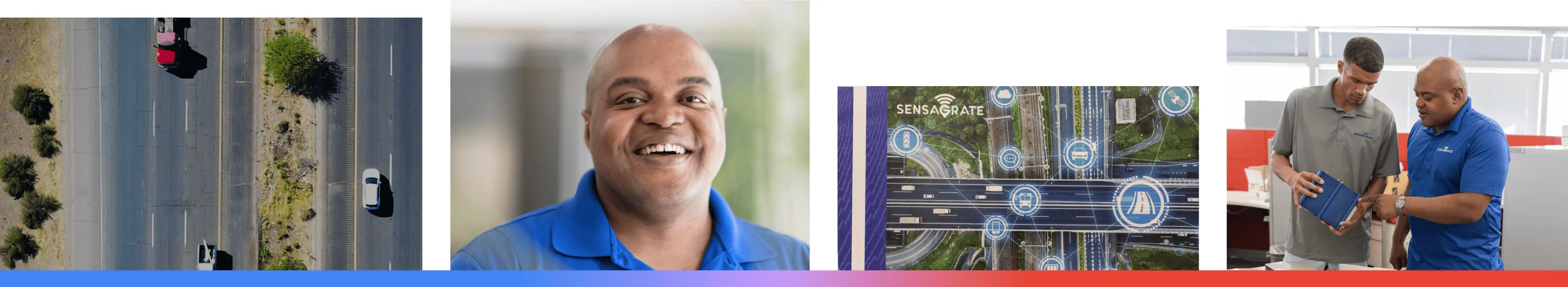 A composite of four images featuring Sensagrate in Scottsdale, Arizona, showing an aerial view of city traffic, a professional portrait of founder Darryl Keeton, a technical visualization of smart city infrastructure, and the team inspecting a physical computer vision sensor used to improve road safety.