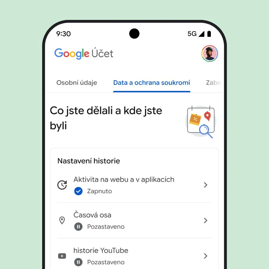 Obrázek uživatelského rozhraní služby Můj účet Google.