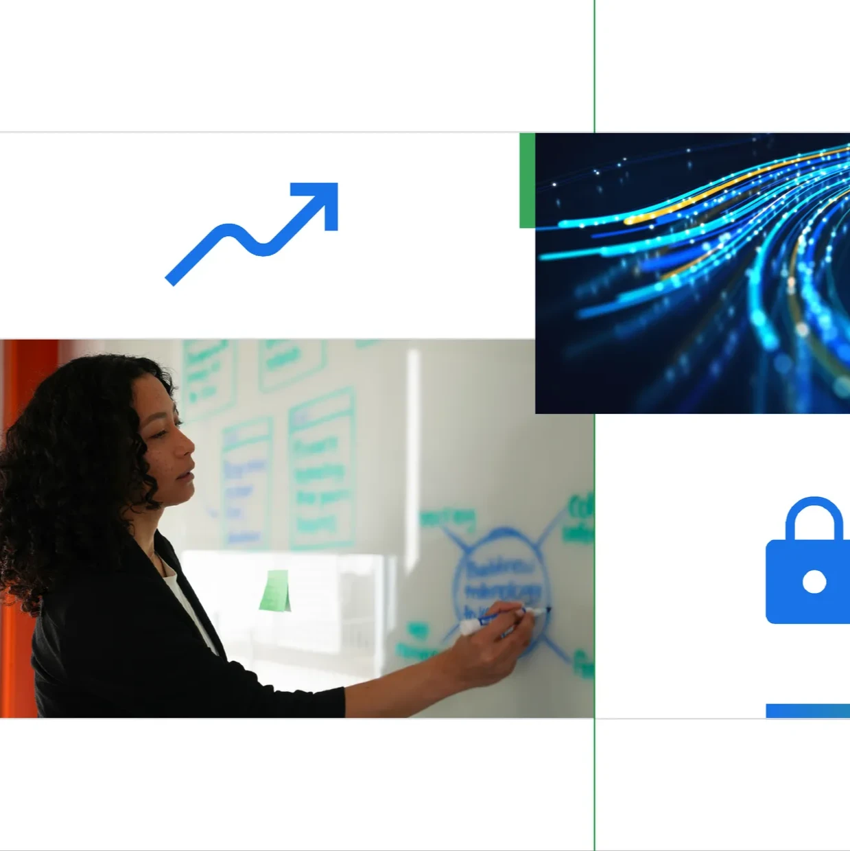 Gemini said A collage featuring a woman writing on a whiteboard, a blue growth arrow, abstract data light trails, and a security padlock icon.