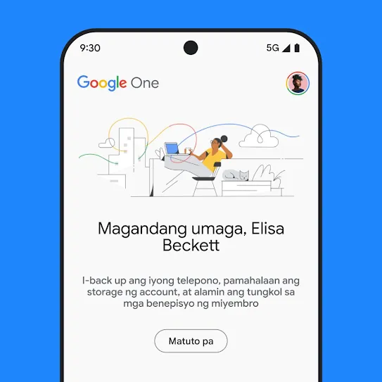 Visual ng screen ng smartphone na nakabukas ang Google One, na nagpapakita ng naka-personalize na mensahe ng pagbati at mensaheng nagbibigay-kaalaman tungkol sa storage ng account, kabilang ang mga backup ng telepono at benepisyo ng miyembro, na may link para matuto pa.