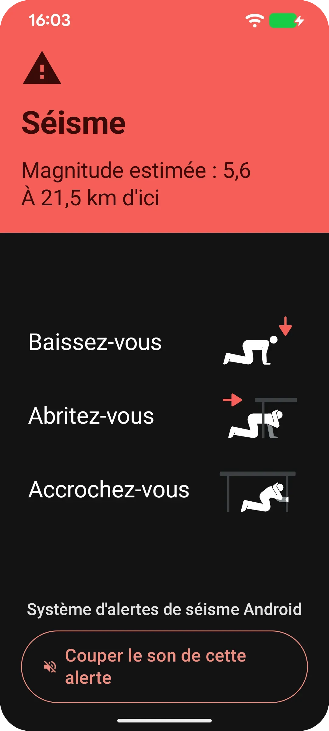 Interface utilisateur d'un téléphone affichant les consignes pour se mettre à l'abri en cas de séisme