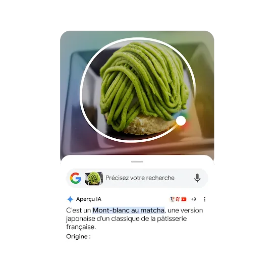 Un mont-blanc au matcha est entouré. Le dessert est utilisé comme exemple pour montrer comment fonctionne la fonctionnalité Aperçu&nbsp;IA dans Entourer pour chercher.