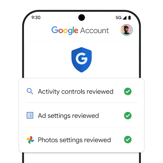 Google Account mobile menu showing all settings reviewed.