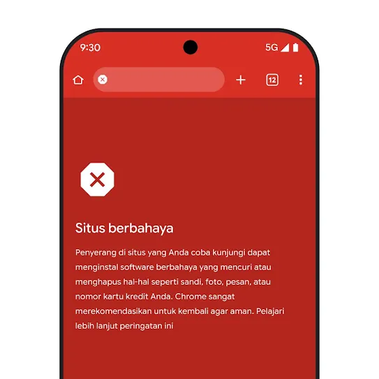 Visual layar smartphone yang menggunakan browser Chrome, menampilkan peringatan tentang situs berbahaya, termasuk rekomendasi langkah berikutnya dan link untuk mempelajari peringatan ini lebih lanjut. 