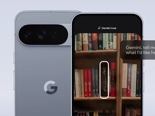 Vorder- und Rückansicht eines Google Pixel 10 in der Farbe Moonstone. Auf dem Display ist eine Espressomaschine zu sehen. Dies ist ein Beispiel dafür, wie die neueste Funktion von Gemini Live funktioniert. Die Informationen, die du brauchst, werden dabei direkt auf dem Display hervorgehoben.