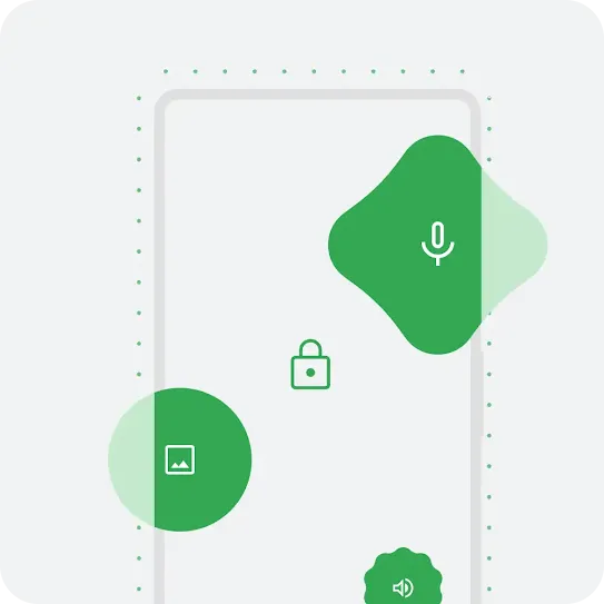 An outline of an Android phone with animated lock, microphone, image and volume icons.