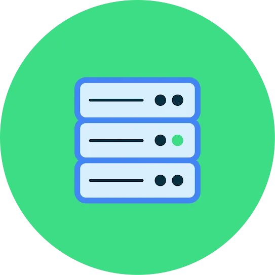 A blue stack of three server modules, each with a status line and indicator dots, over a green circular background.