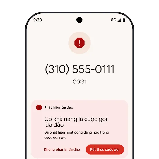 Hình ảnh màn hình chính của điện thoại thông minh Pixel đang hiển thị thông báo về một cuộc gọi làm phiền tự động bị từ chối.