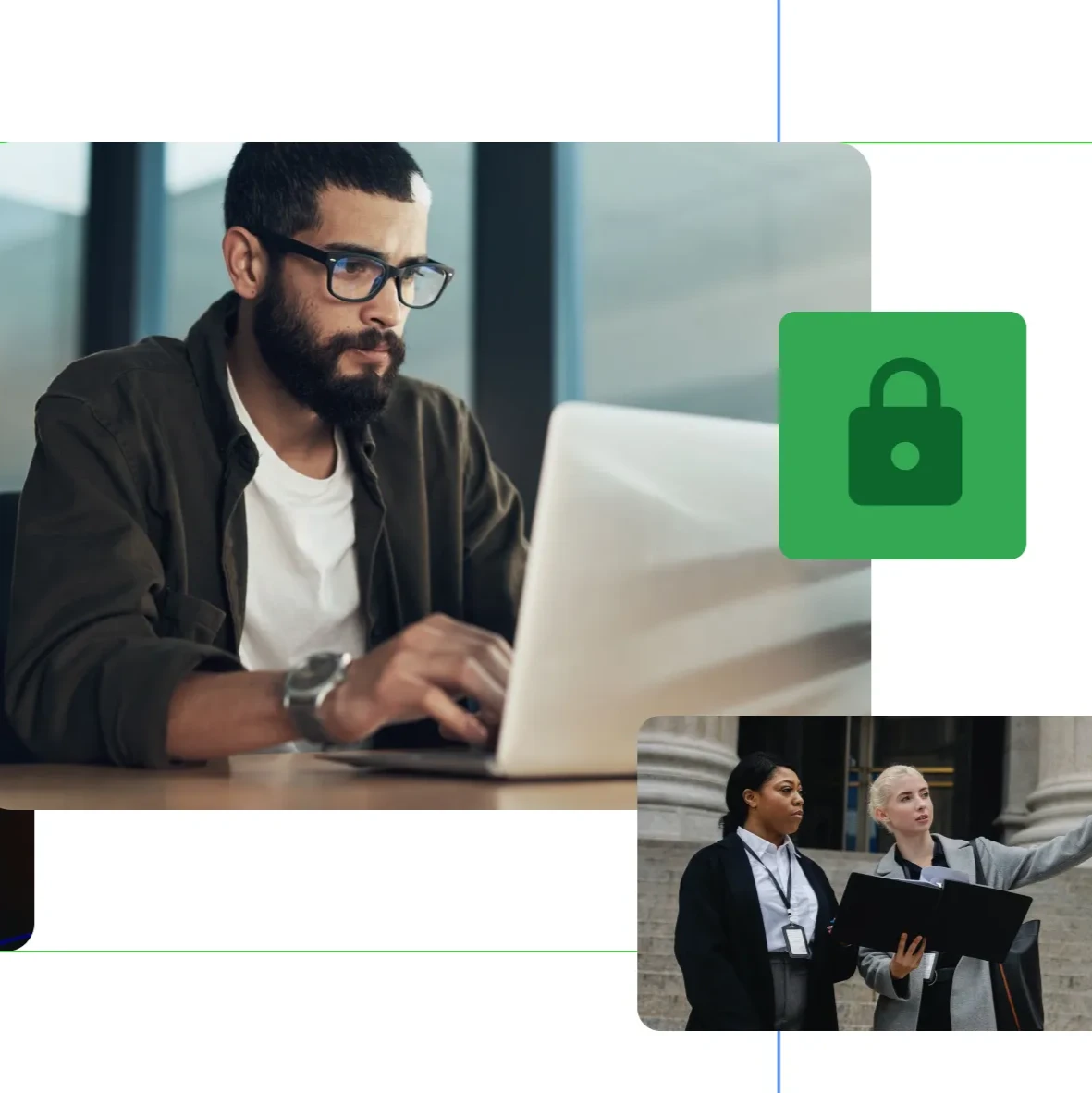 A collage including security icons and photos of hands clasped, a man looking at a computer, and two people pointing at something off camera