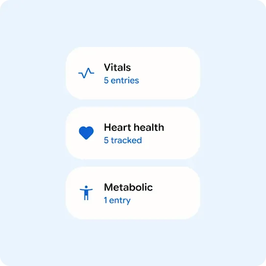 Vitals, 5 entries. Heart Health, 5 tracked, Metabolic, 1 entry