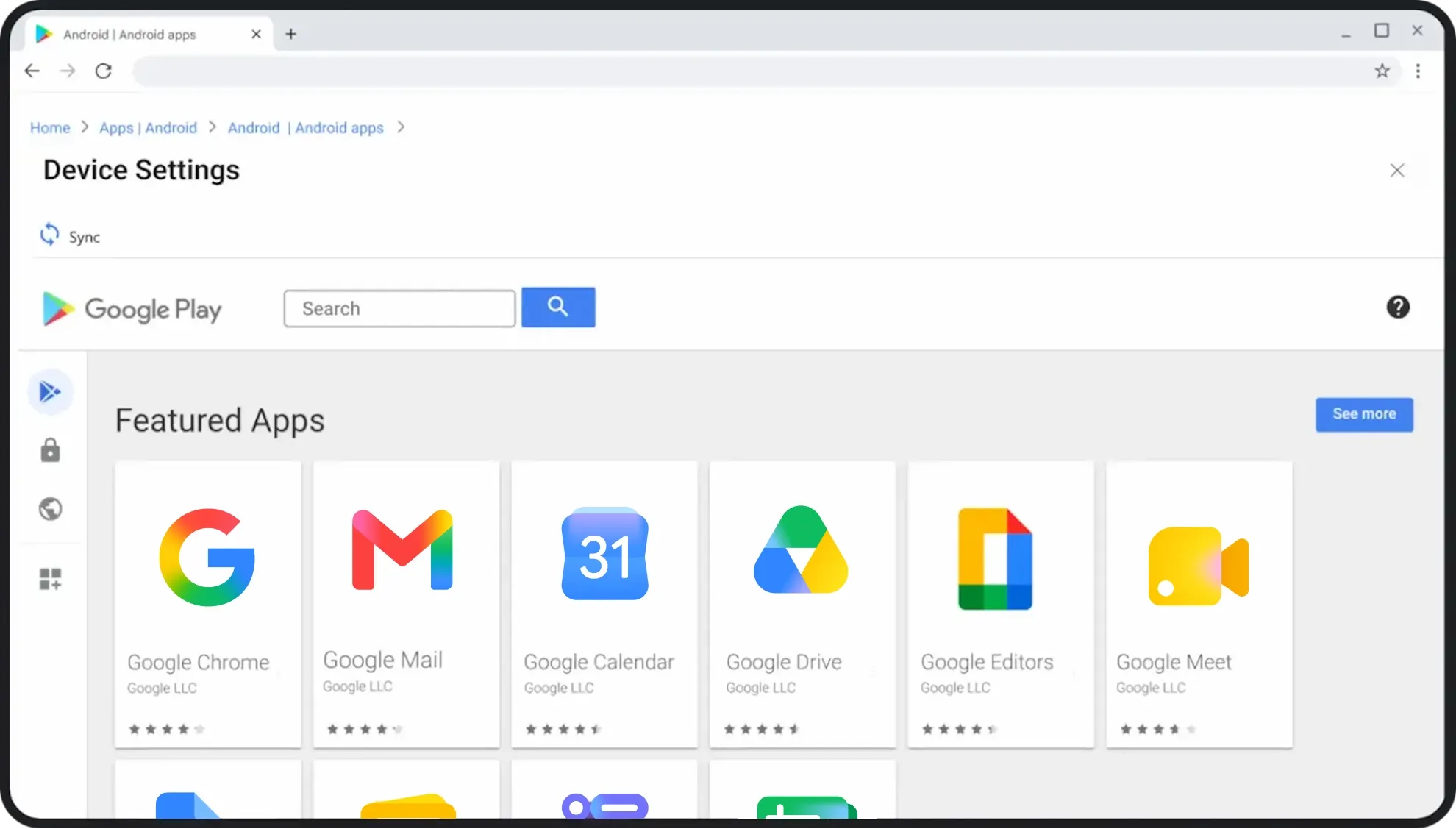 A screenshot of a web browser displaying the Google Play store under a "Device Settings" heading. The page features a "Featured Apps" section with large icons and star ratings for various Google services, including Google Chrome, Google Mail, Google Calendar, Google Drive, Google Editors, and Google Meet. A search bar is located at the top next to the Google Play logo, and a sidebar on the left contains navigation icons for apps, security, and world settings.
