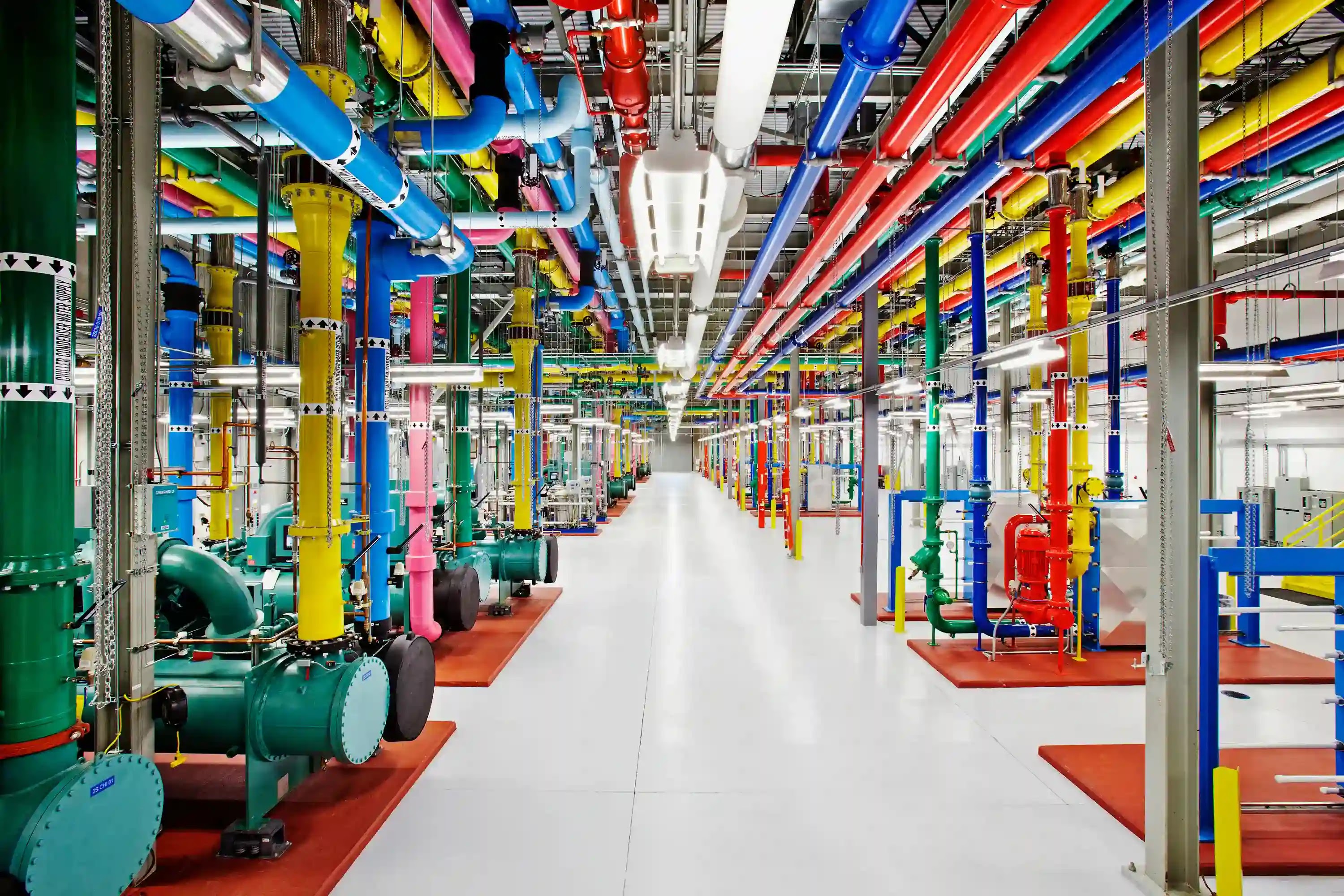 Image of different colored bright pipes lining the inside of our Douglas County, Georgia, data center.