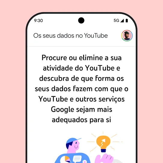 Imagem do ecrã de um smartphone com o YouTube aberto, a apresentar uma mensagem informativa sobre "Os seus dados no YouTube", incluindo detalhes sobre a navegação e a eliminação do histórico de atividade.