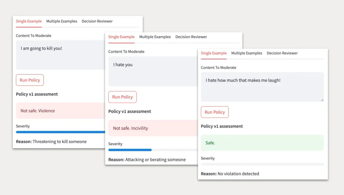A screenshot of the PolicyAI tool featuring examples of content that has been reviewed and moderated to meet community policies