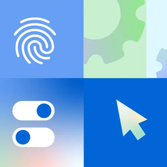 A series of images showing a shield, a thumbprint rendering, toggles, gears, and a cursor