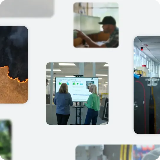 A digital collage of rounded image panels showcasing climate and tech operations. In the center, two women review a "Cross-Track Scanning" presentation on a large screen; other panels display a wildfire line from above, a technician operating a console, and various indoor workspace environments.