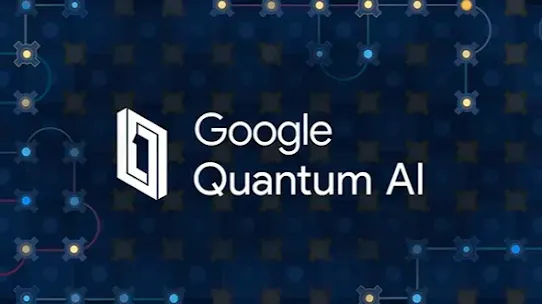 The Google Quantum AI logo and wordmark centered against a dark blue background. The background features a complex, glowing grid of interconnected blue and yellow nodes representing a superconducting or neutral atom quantum processor circuit.