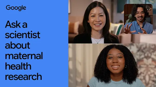 Three people appearing in a video call layout, with two women framed in larger views and a man in a small inset box in the upper right.