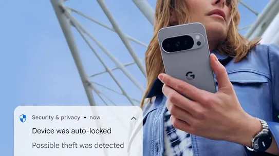 A woman holding a silver smartphone, featuring an overlaid security notification that reads, "Device was auto-locked. Possible theft was detected."