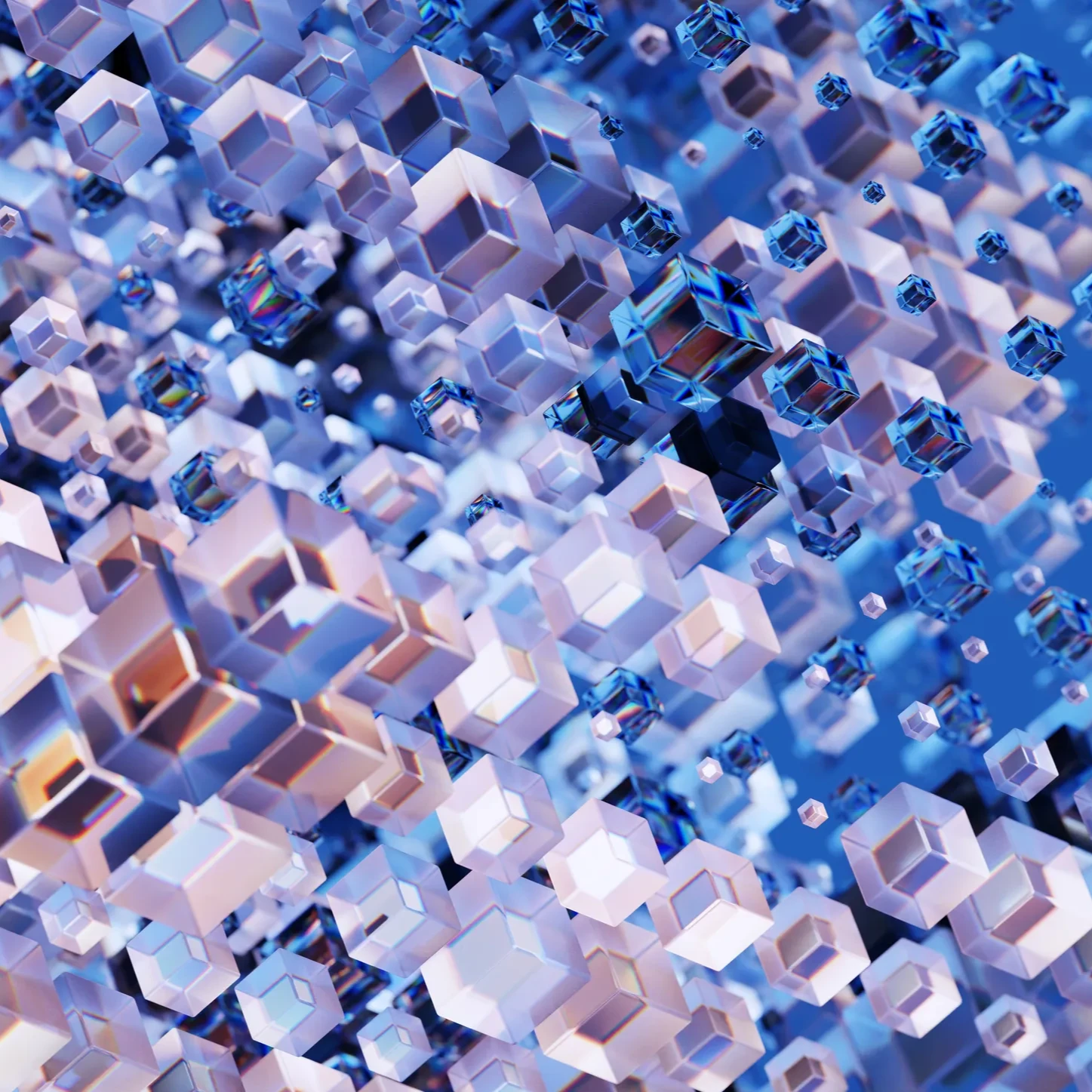 The image shows an abstract, digital rendering of numerous floating cubes and polyhedrons with reflective, shiny surfaces.