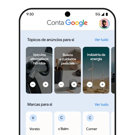Página do hub O meu centro de anúncios, com controlos para personalizar a sua experiência de anúncios.