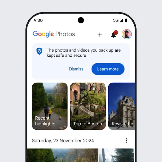 Visual of a smartphone screen with Google Photos open, displaying a security message that says, 'The photos and videos you back up are kept safe and secure' with a link to learn more.