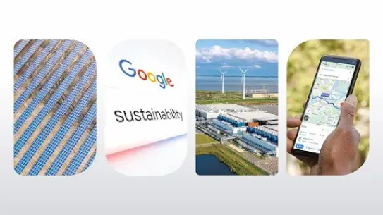 Image 1: Aerial view of a solar panel array with rows of panels arranged in a grid pattern.Image 2: The Google logo appears above the word "Sustainability" in a clean design.Image 3: Aerial view of a data center complex featuring several large wind turbines nearby, a body of water in the foreground, and a cloudy blue sky.Image 4: Close-up of a hand holding a smartphone displaying a Google Maps driving route from a current location to Skogud naturreservat, showing travel time and fuel-efficient route details.