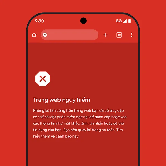 Hình ảnh màn hình điện thoại thông minh đang dùng trình duyệt Chrome. Màn hình này hiển thị cảnh báo về một trang web nguy hiểm cùng với đề xuất về các bước tiếp theo và một đường liên kết để tìm hiểu thêm về cảnh báo. 