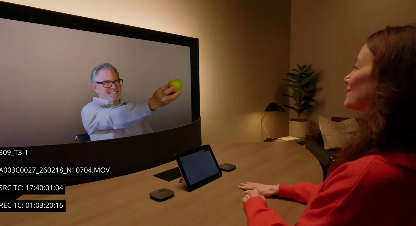 A carousel of images and videos shows the evolution of Google Beam devices over time.
A person reaches toward the display during a Google Beam video meeting.
