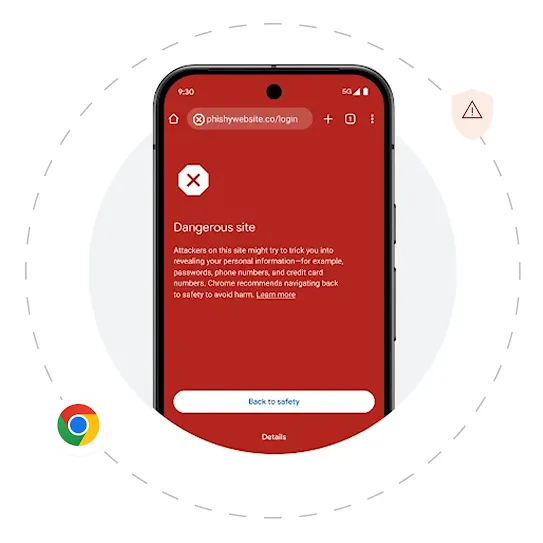 An Android screen shows an example of the Google Safe Browsing interface. Behind the phone is a grey solid circle and a dashed circle right outside it. A Chrome icon and red warning icon are scattered around the dashed circle.