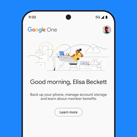 Visual of a smartphone screen with Google One open, displaying a personalised welcome message and an informational message about account storage, including phone backups and member benefits, with a link to learn more.